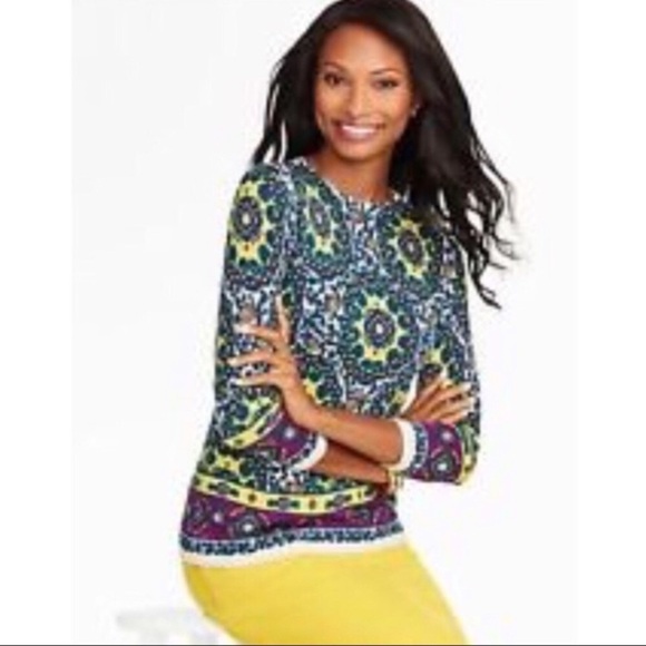 TALBOTS 100% Merino Wool Audrey Mosaics Multi Green Purple Yellow Print - Picture 1 of 12